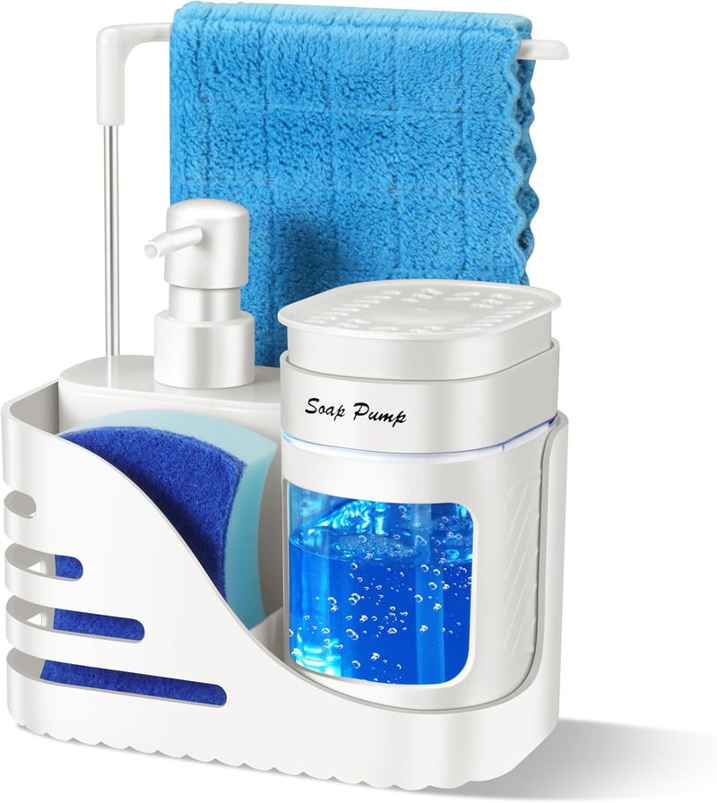 Eavida Kitchen Soap Dispenser Set, 4-in-1 Dual Hand and Dish Soap Dispenser with Sponge Holder and Dishcloth Holder for Kitchen Sink (White) - Image 1